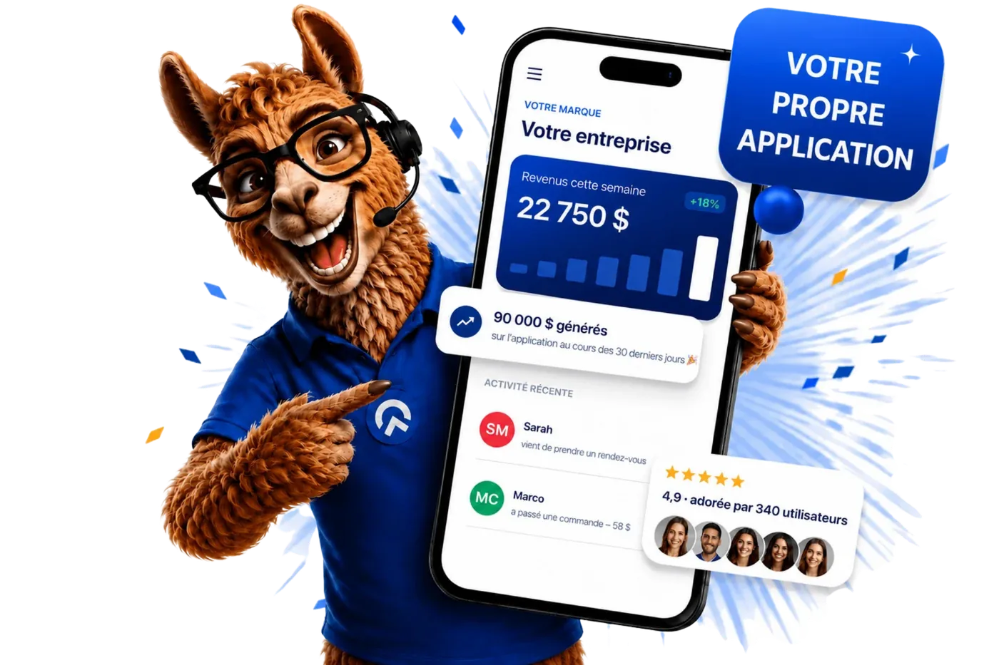William, le lama Wimmov, présentant votre propre app à votre marque pour créateurs de contenu — en ligne sur l'App Store et Google Play
