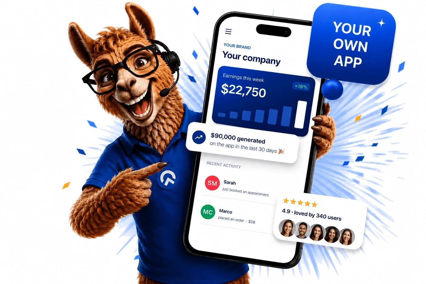 William, the Wimmov llama, holding a phone showing your own branded app — live in the App Store and Google Play